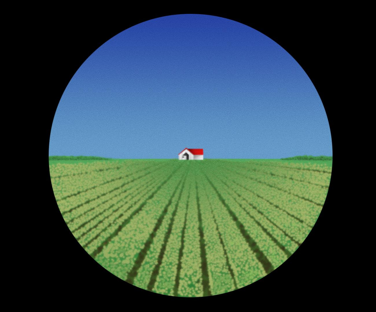 A house with a red roof in the middle of a field